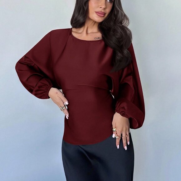 Burgundy Elegant Women's Romantic Round Neck blouse - Picture 5 of 7